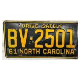 1961 North Carolina License Plate with ï¿½Drive Safe