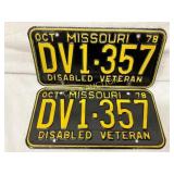 1978 Missouri Disabled Veteran License Plates DV1-