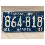 Mississippi 1955 License Plate with ï¿½Warrenï¿½ Desig