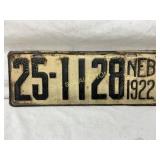 Nebraska 1922 Steel License Plate, Number 25-1128