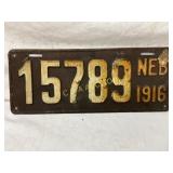 Nebraska 1916 License Plate with Number 15789