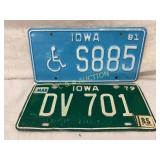 Two Iowa License Plates from 1979-1985 and 1981 wi