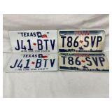 Four Texas License Plates: Pairs ï¿½T86-SVPï¿½ and ï¿½J4