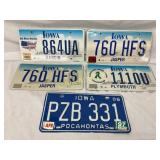 Five Iowa License Plates with County Names and Var