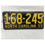 1955 North Carolina License Plate with Yellow Embo