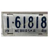 1948 Nebraska License Plate with Serial Number 1-6