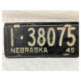 Nebraska 1945 License Plate, Black and White, 1-38