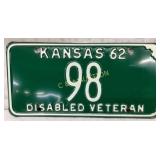 Kansas Disabled Veteran License Plate, 1962