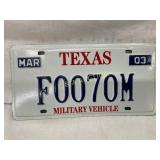 Texas Military Vehicle License Plate ï¿½F0070Mï¿½ Issu