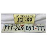 Three Texas License Plates: 1973 Passenger, 1983 P