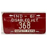 1961 Indiana Disabled Veteran License Plate with ï¿½