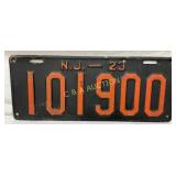 1923 New Jersey License Plate with Embossed Number