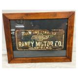 Framed 12" x 5" Chevrolet Dealer Plate from Raney