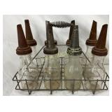 Eight Original Glass Bottles with Metal Pour Spout
