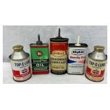 5 Vintage Oil Cans: Mobil, Humble, Whiz, and Top--