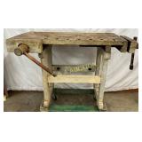 Early Wooden Workbench with Dual Vises and Sturdy