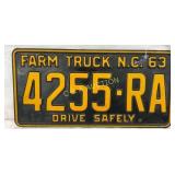 1963 North Carolina Farm Truck Lic Plate