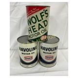 3-NOS Metal Quart Cans: Wolf's Head and Havoline M