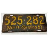 1941 NC License Plate with Yellow Emb. Numbers