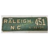 1930 Raleigh, N.C. Emb. License Plate
