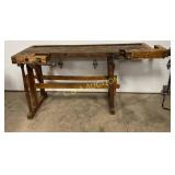 Early Wooden Work Table with Built-In Wooden Vise,