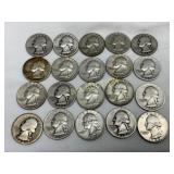 20 Washington Quarters, 90% Silver, 1938-1964