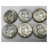 Six Pre-1964 90% Silver Franklin Half Dollars (195