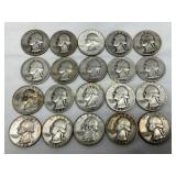 20 Washington Quarters, 90% Silver, 1934-1964