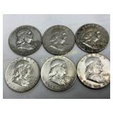 6 Pre-1964 Franklin Half Dollars (1950-1963), 90%