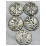 Five 90% Silver Walking Liberty Half Dollars, 1934