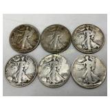 6 Walking Liberty Half Dollars (1927-1943)  Silve