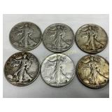 6 Pre-1964 90% Silver Walking Liberty Half Dollars