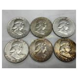 6 Pre-1964 90% Silver Franklin Half Dollars, 1948-