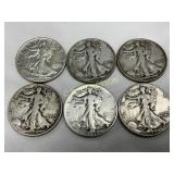 6 Pre-1964 90% Silver Walking Liberty Half Dollars