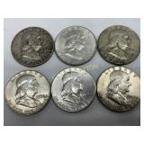 6 Pre-1964 90% Silver Franklin Half Dollars, 1951-