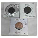 3 U.S. Half Cents, Dated 1849, 1853, and 1857