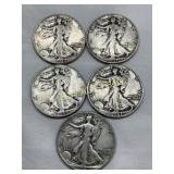 5 90% Silver Walking Liberty Half Dollars (1937-19