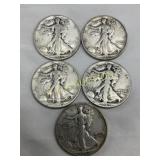 5 Walking Liberty Half Dollars, 90% Silver, Dated