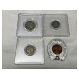 Four Coins Including Buffalo Nickel, Roosevelt Dim