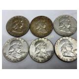 6 Silver Franklin Half Dollars (1952-1963, Pre-196
