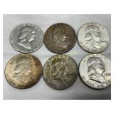 6 Pre-1964 90% Silver Franklin Half Dollars (1949-