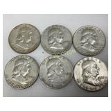 6 Silver Franklin Half Dollars, 1951-1963