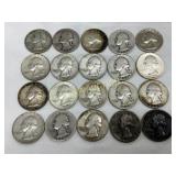 20 Washington Quarters, 90% Silver, Dates 1938-196