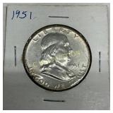 1951 Franklin Half Dollar 90% Silver Coin