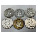 6 Silver Franklin Half Dollars (1954-1963)
