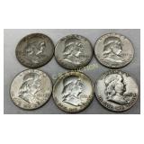 6 Silver U.S. Franklin Half Dollars (1951-1963)