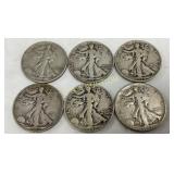 6 Walking Liberty Half Dollars (1934-1945) in 90%