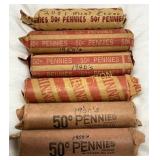Six Rolls of 50 Pennies Each, Various Years Labele