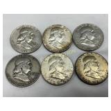 Six 1951-1963 Pre-1964 Silver Franklin Half Dollar