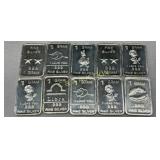 Ten 1-Gram .999 Fine Silver Bars with Assorted Des